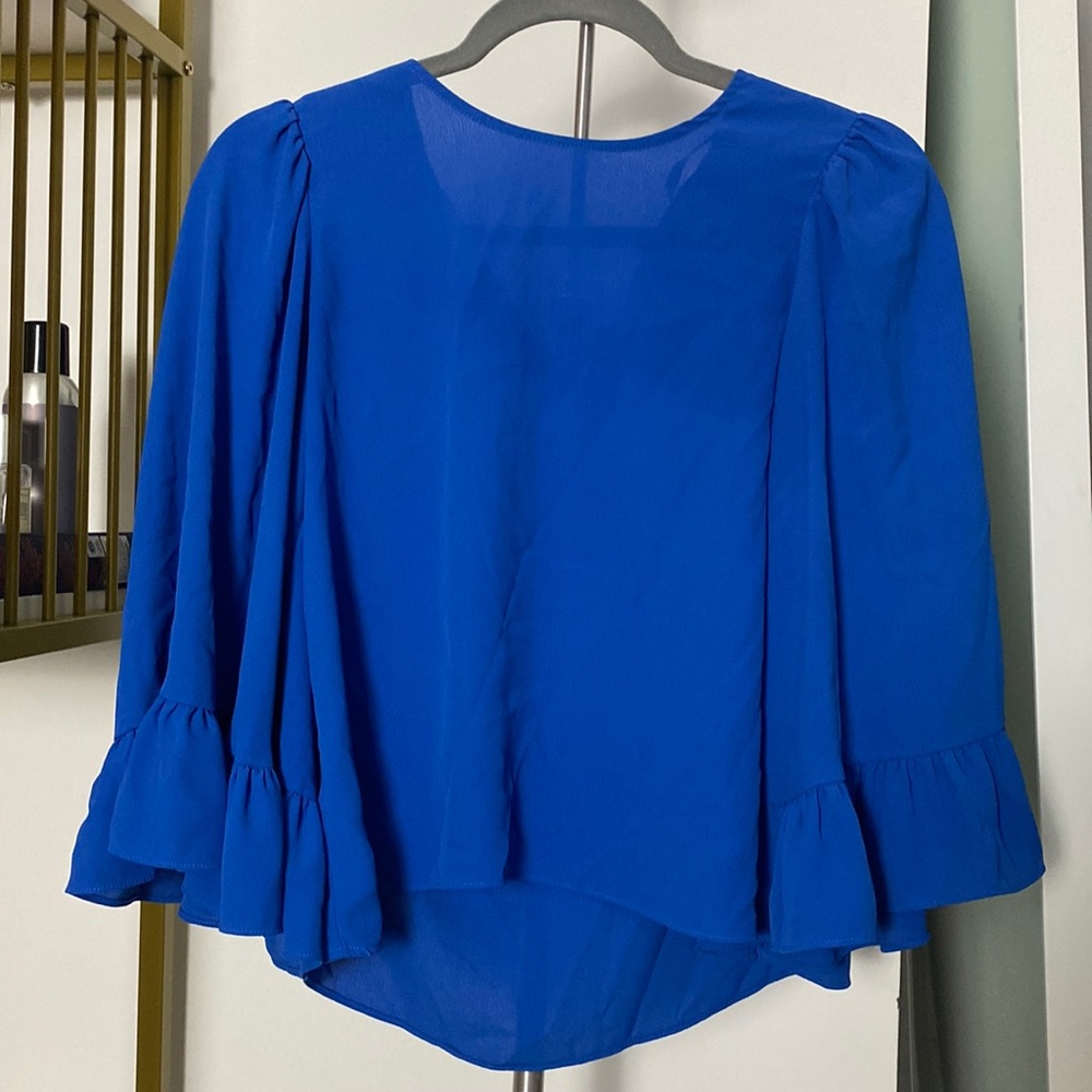 Royal blue ruffle sleeve blouse